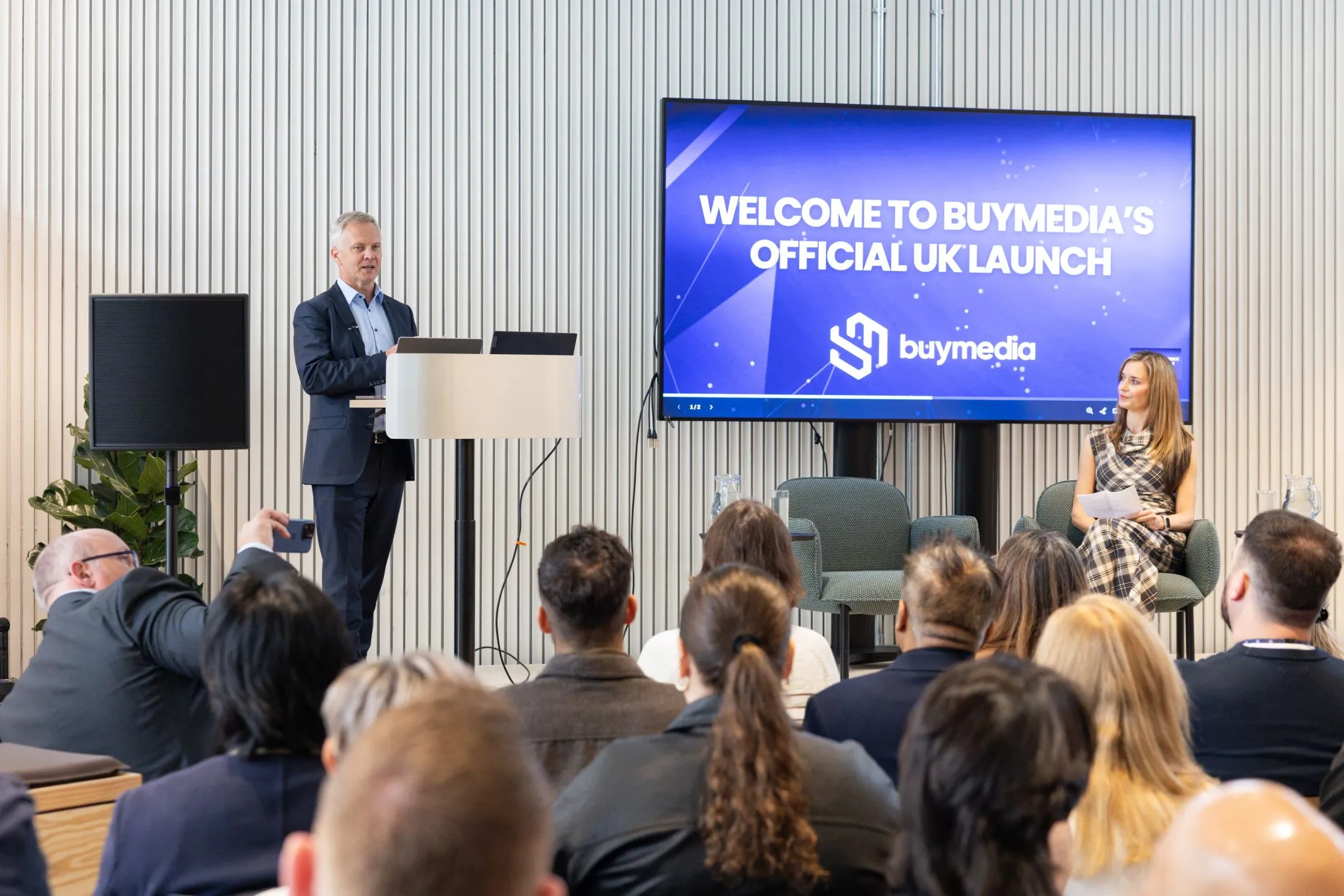 Fergal addressing audience at the Buymedia UK launch in Manchester